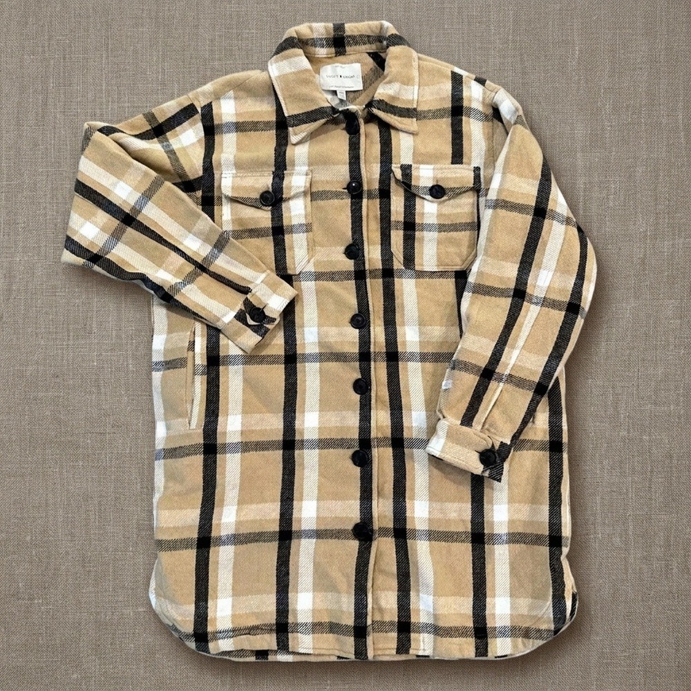 Lucky Brand Plaid Flannel Shirt Jacket Womens M Tan Black Cotton Shacket NWOT